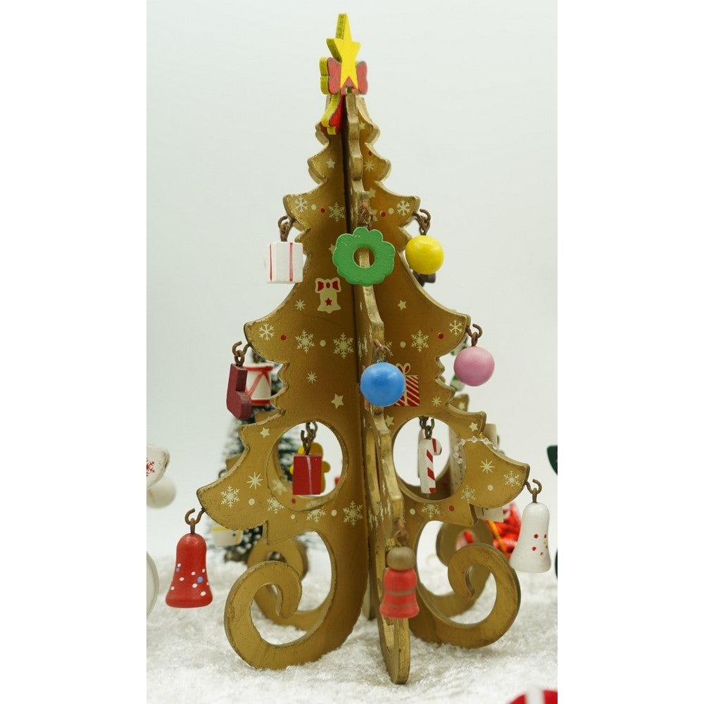 Decoratiune Craciun, Brad, Auriu, 6 cavitati cu ornamente, 12 cm x 20 cm, Lemn
