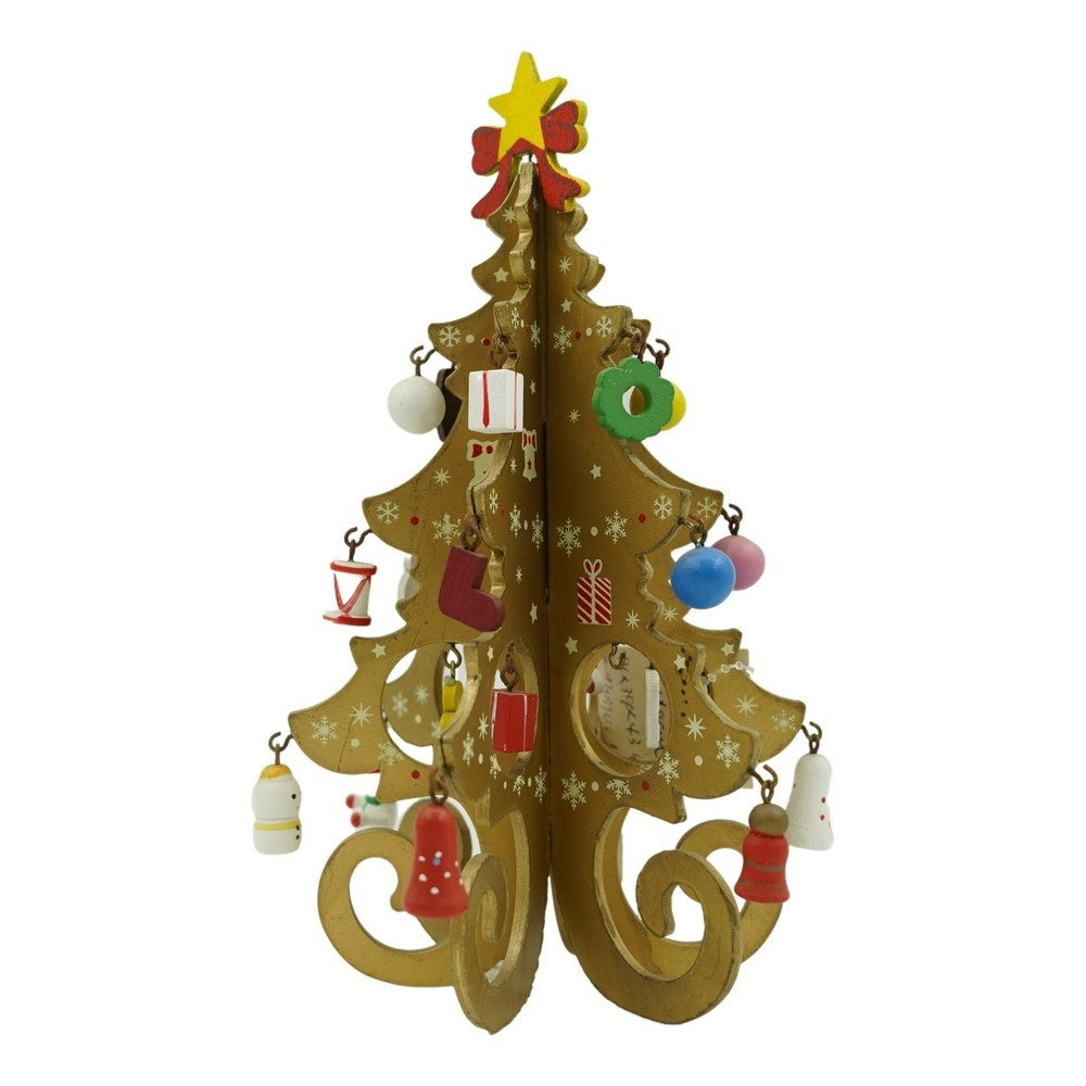 Decoratiune Craciun, Brad, Auriu, 6 cavitati cu ornamente, 12 cm x 20 cm, Lemn
