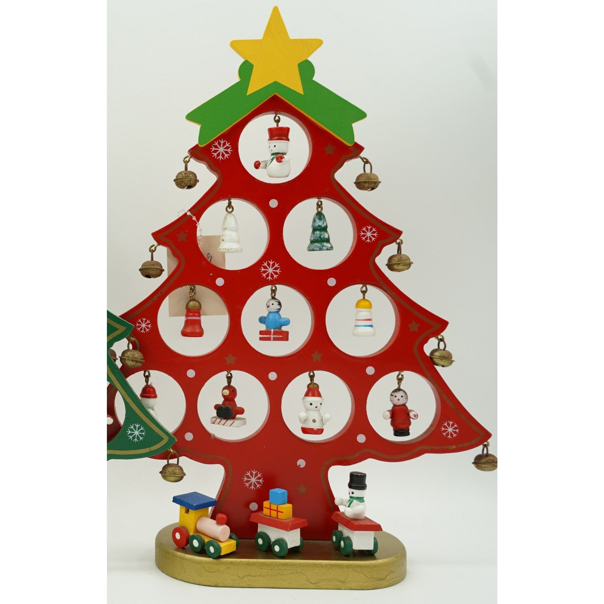Decoratiune Craciun, Brad, Rosu, 10 cavitati cu ornamente, 20.5 cm x 28 cm, Lemn