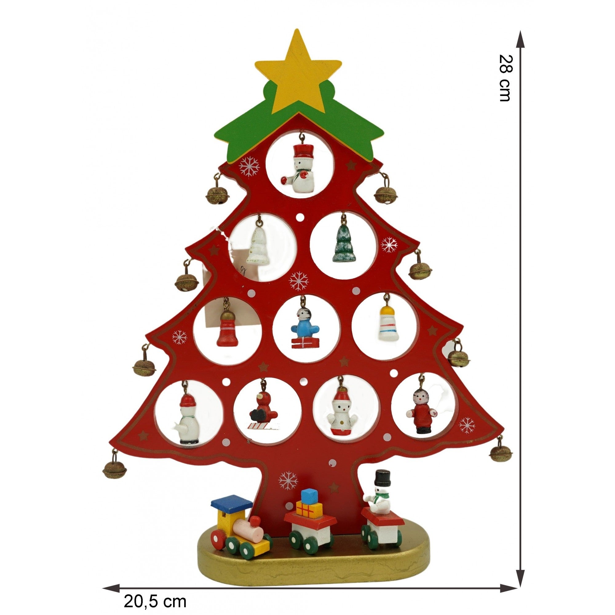 Decoratiune Craciun, Brad, Rosu, 10 cavitati cu ornamente, 20.5 cm x 28 cm, Lemn