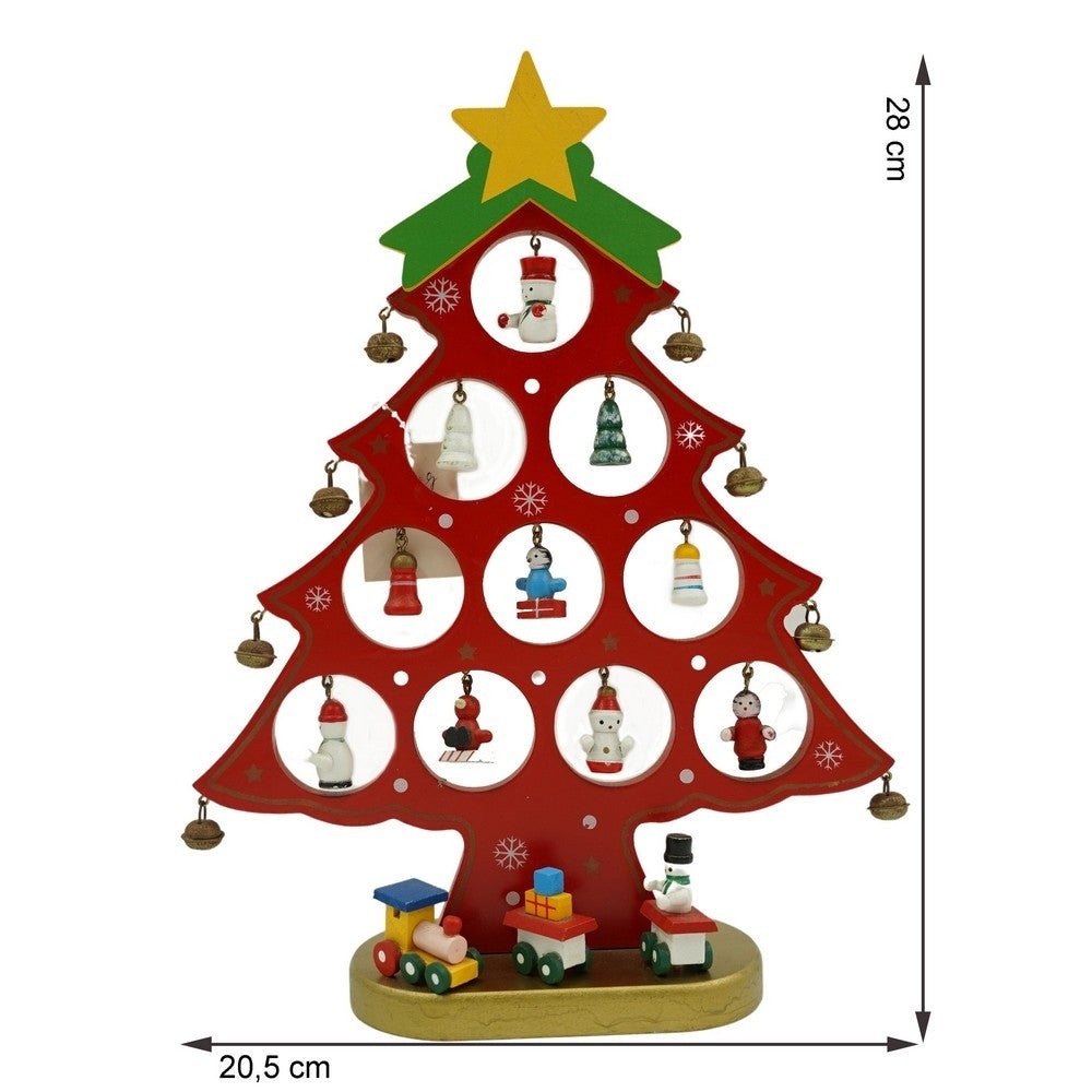 Decoratiune Craciun, Brad, Rosu, 10 cavitati cu ornamente, 20.5 cm x 28 cm, Lemn