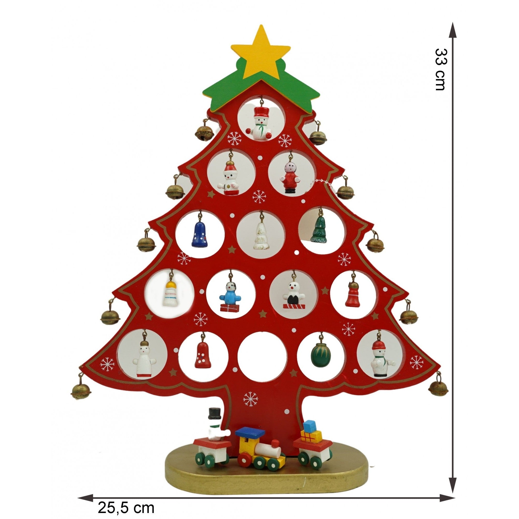 Decoratiune Craciun, Brad, Rosu, 15 cavitati cu ornamente, 25.5 cm x 33 cm, Lemn