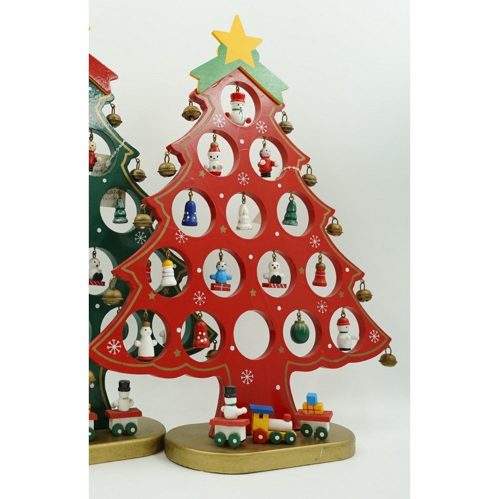 Decoratiune Craciun, Brad, Rosu, 15 cavitati cu ornamente, 25.5 cm x 33 cm, Lemn