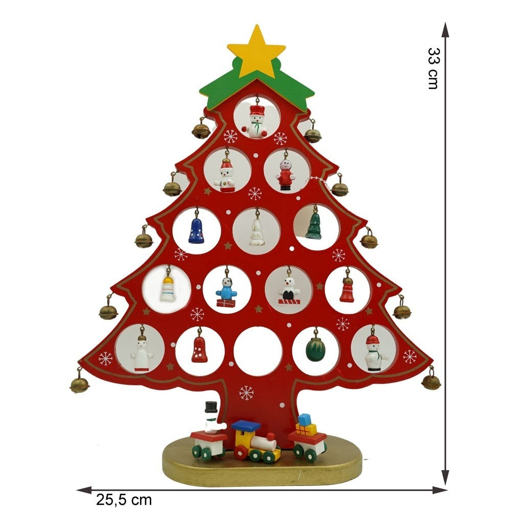 Decoratiune Craciun, Brad, Rosu, 15 cavitati cu ornamente, 25.5 cm x 33 cm, Lemn