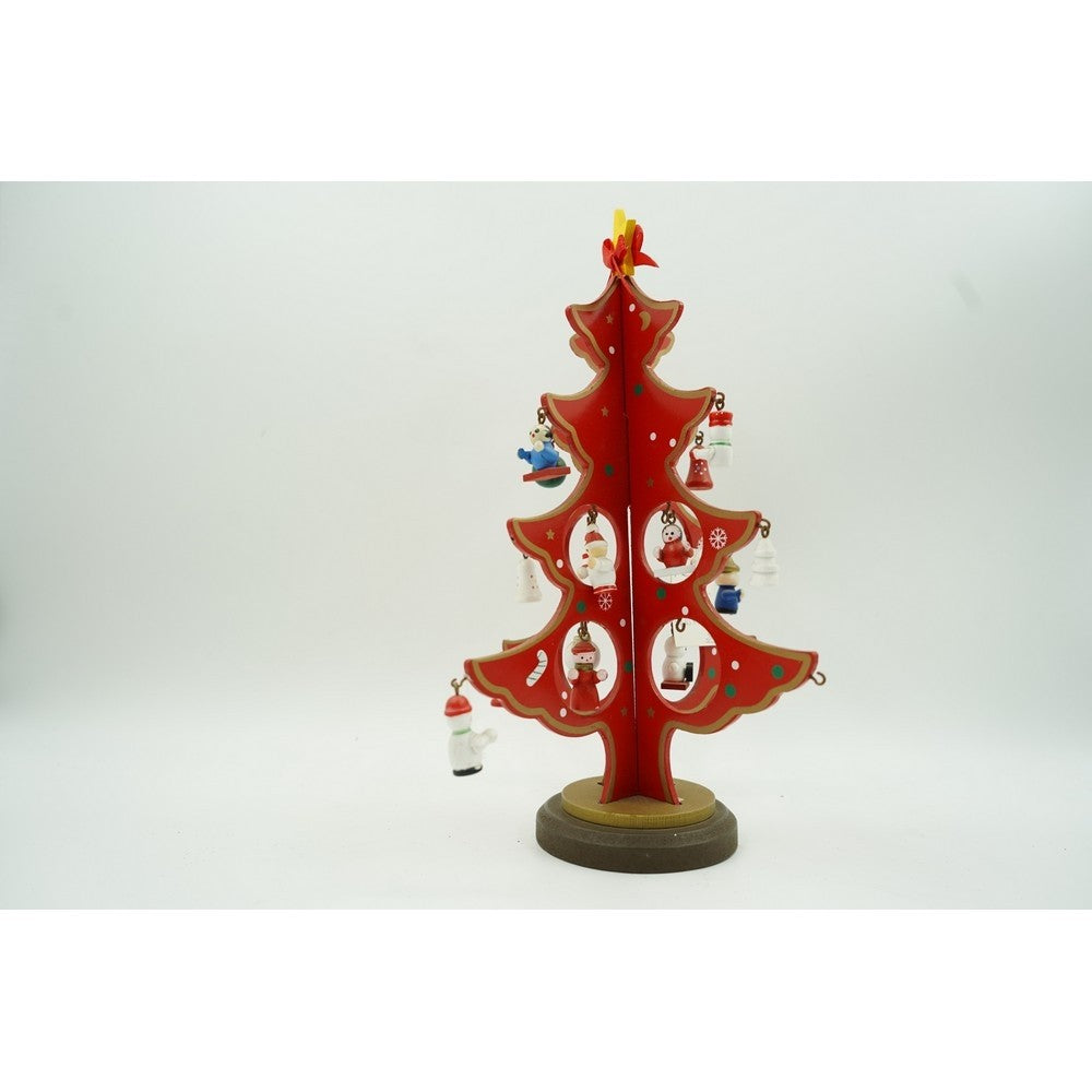 Decoratiune Craciun, Brad, Rosu, 8 cavitati cu ornamente, 18.5 cm x 25 cm, Lemn