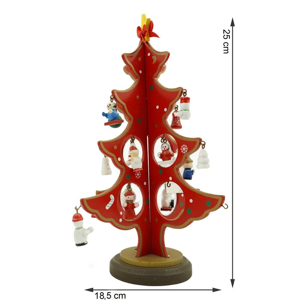 Decoratiune Craciun, Brad, Rosu, 8 cavitati cu ornamente, 18.5 cm x 25 cm, Lemn