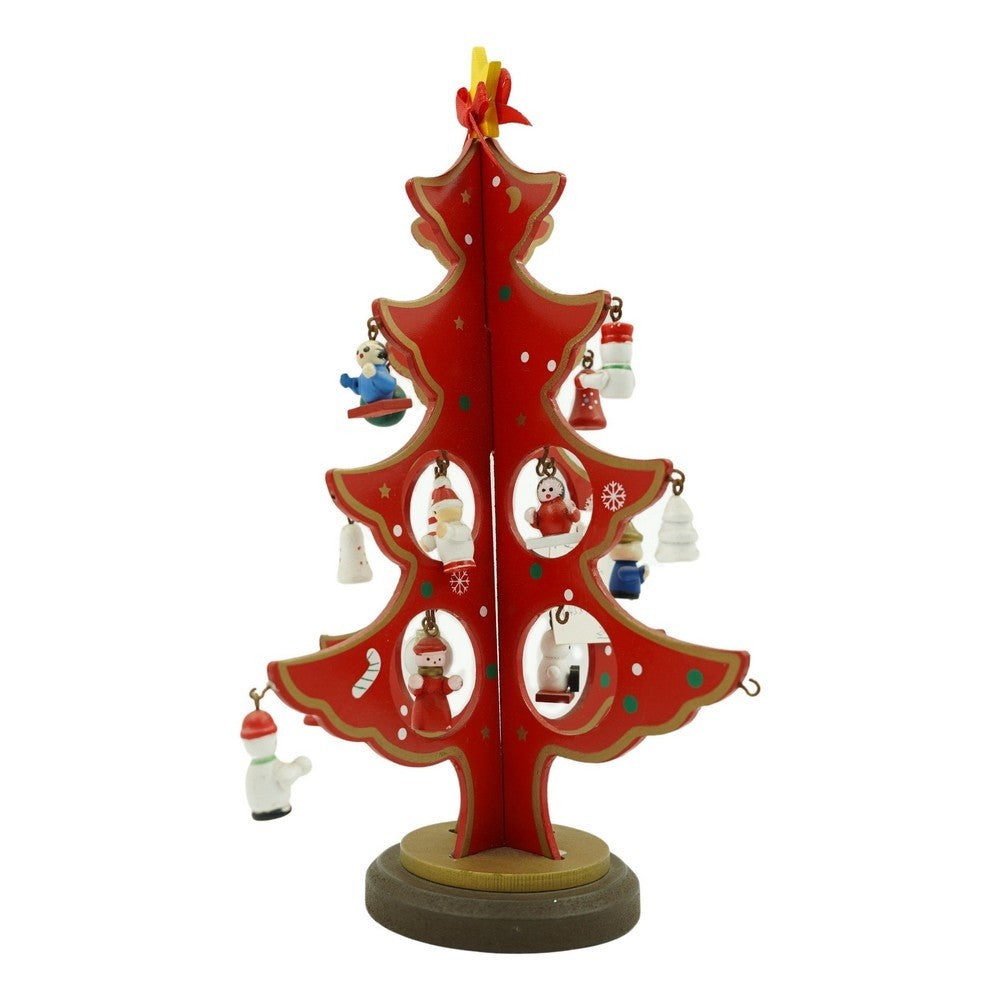 Decoratiune Craciun, Brad, Rosu, 8 cavitati cu ornamente, 18.5 cm x 25 cm, Lemn