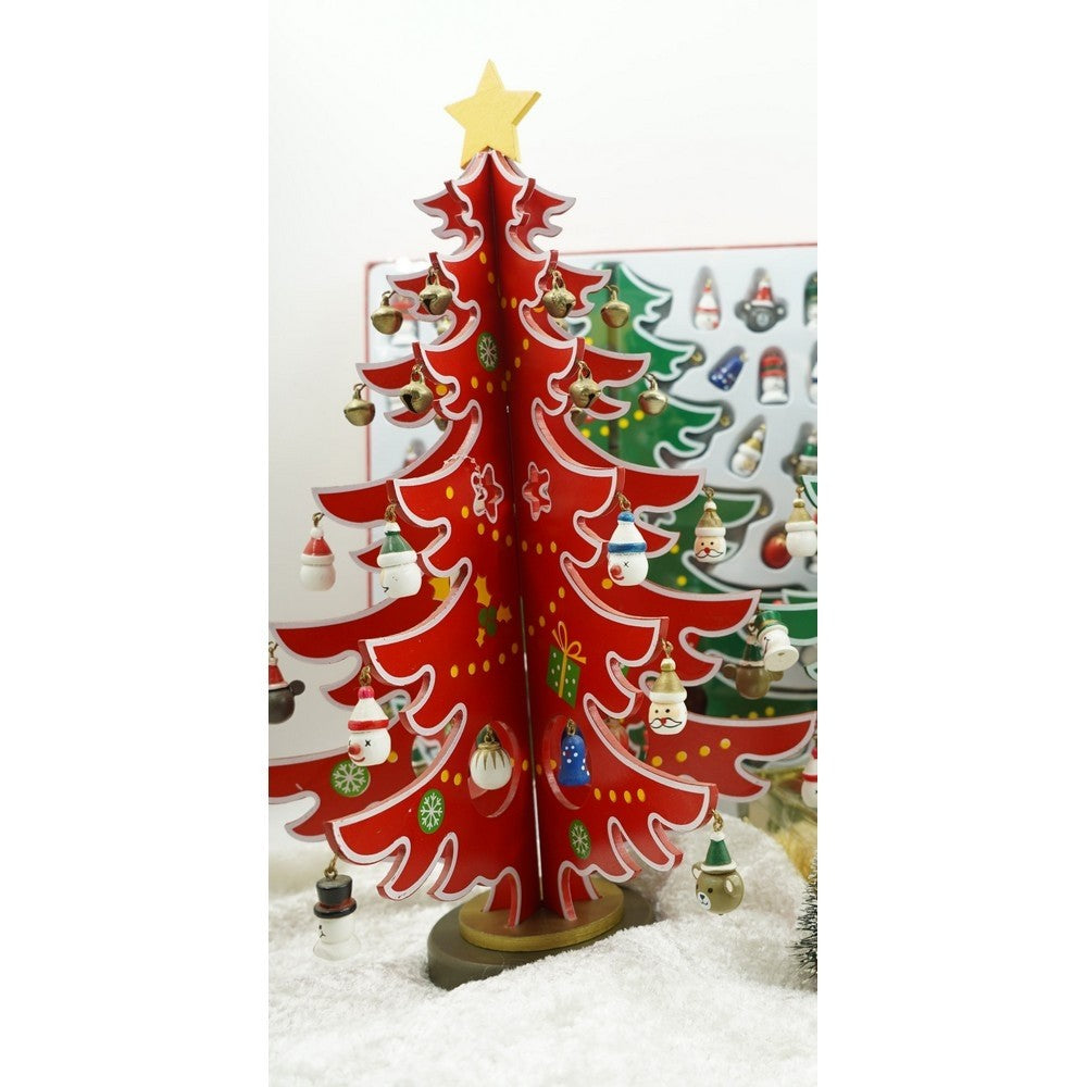 Decoratiune Craciun, Brad, Rosu/Alb, 15 cavitati cu ornamente, 25.5 cm x 33 cm, Lemn