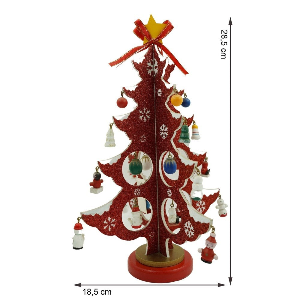 Decoratiune Craciun, Brad, Rosu/Alb, 8 cavitati cu ornamente, 18.5 cm x 33 cm, Lemn