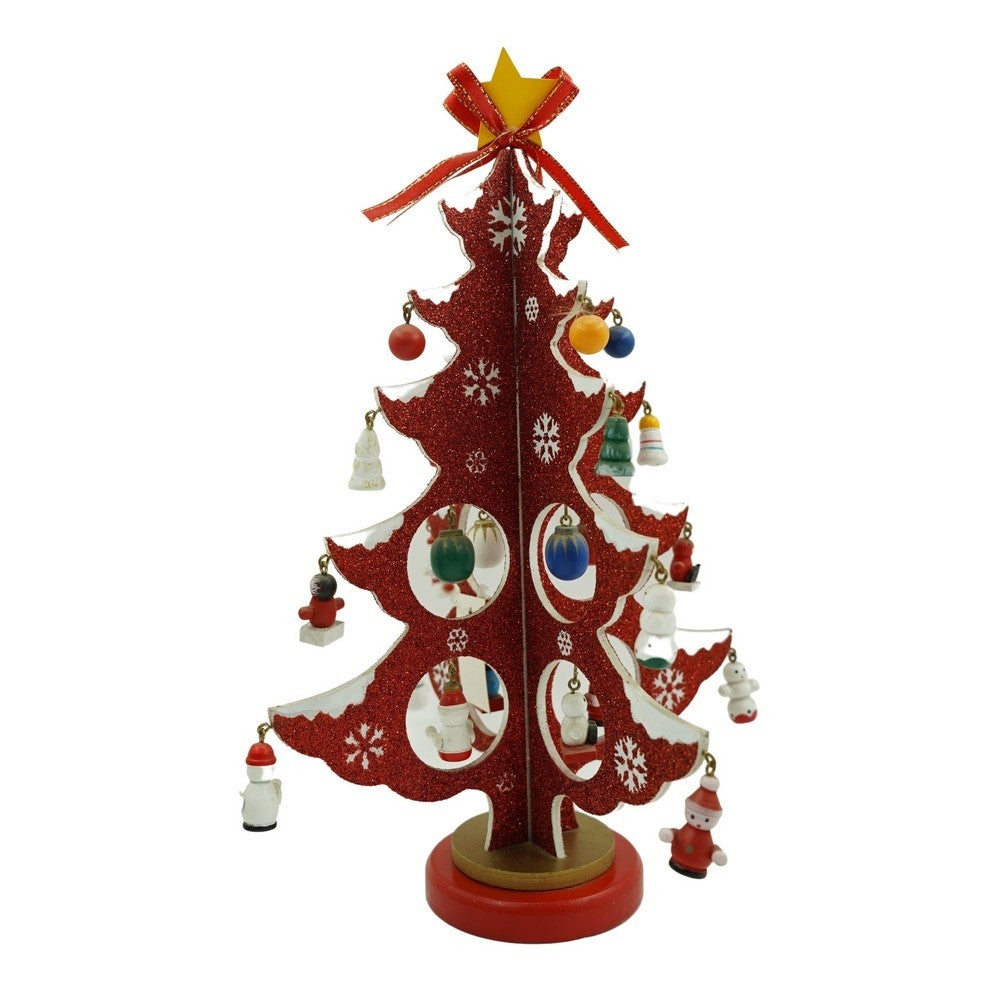 Decoratiune Craciun, Brad, Rosu/Alb, 8 cavitati cu ornamente, 18.5 cm x 33 cm, Lemn