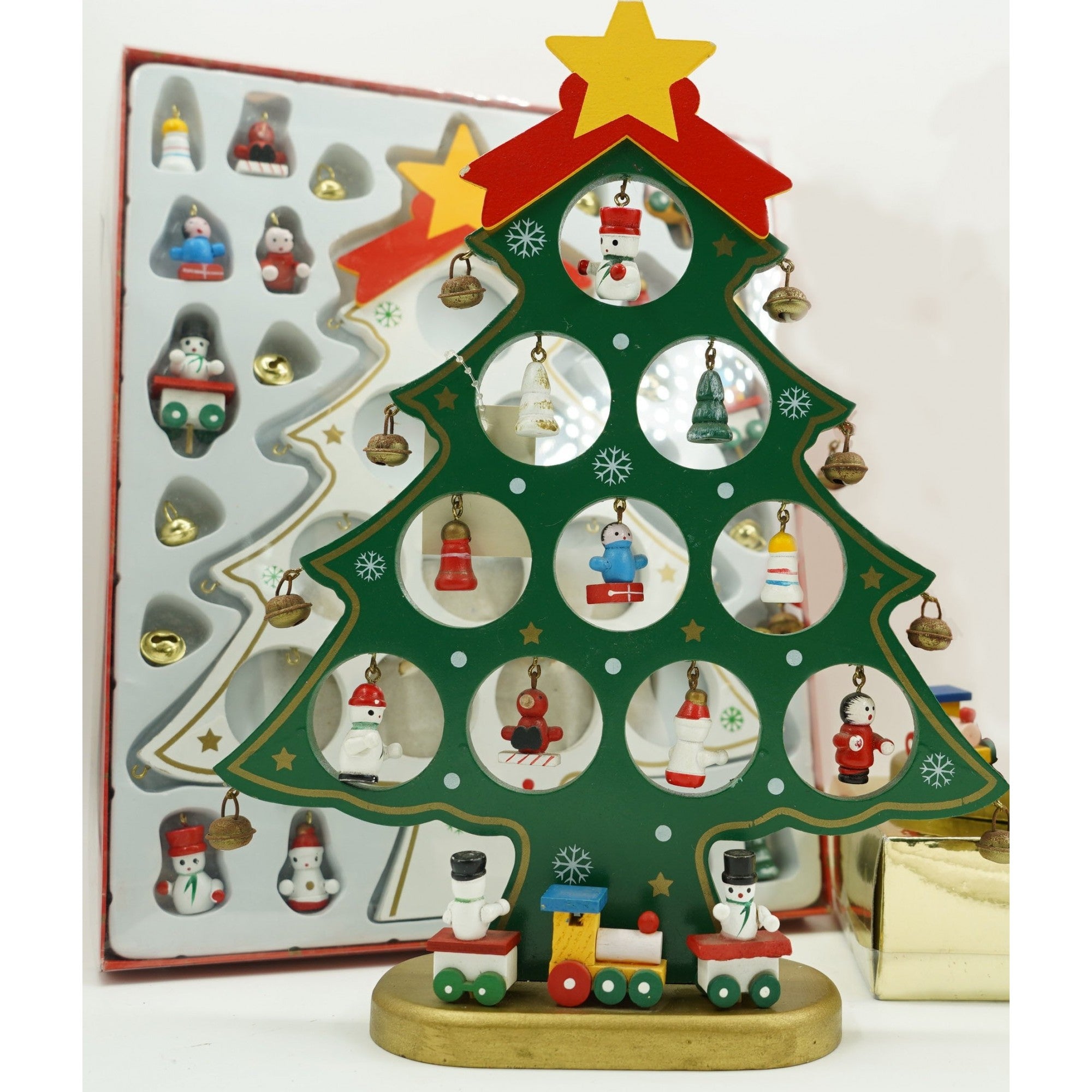 Decoratiune Craciun, Brad, Verde, 10 cavitati cu ornamente, 20.5 cm x 28 cm, Lemn