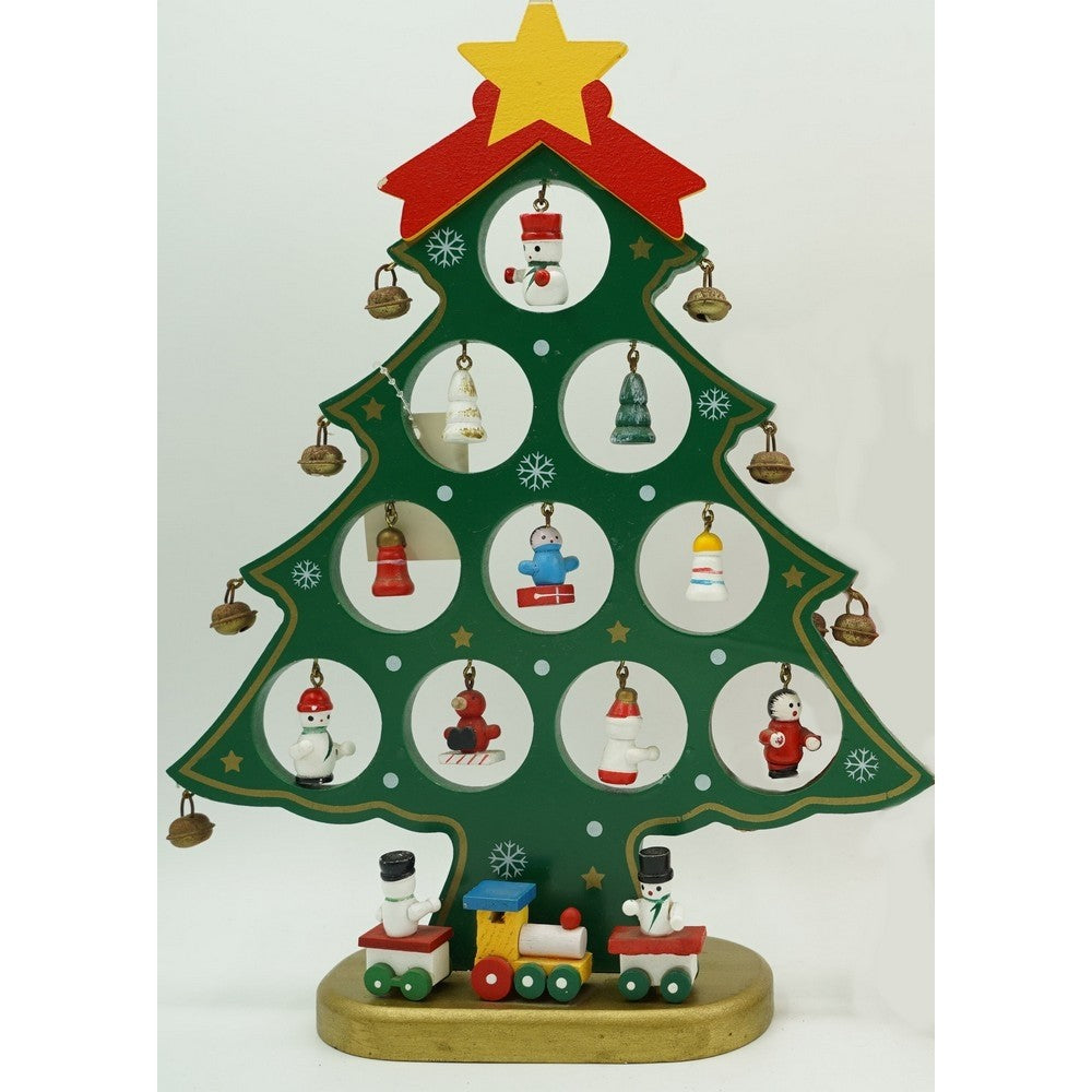 Decoratiune Craciun, Brad, Verde, 10 cavitati cu ornamente, 20.5 cm x 28 cm, Lemn