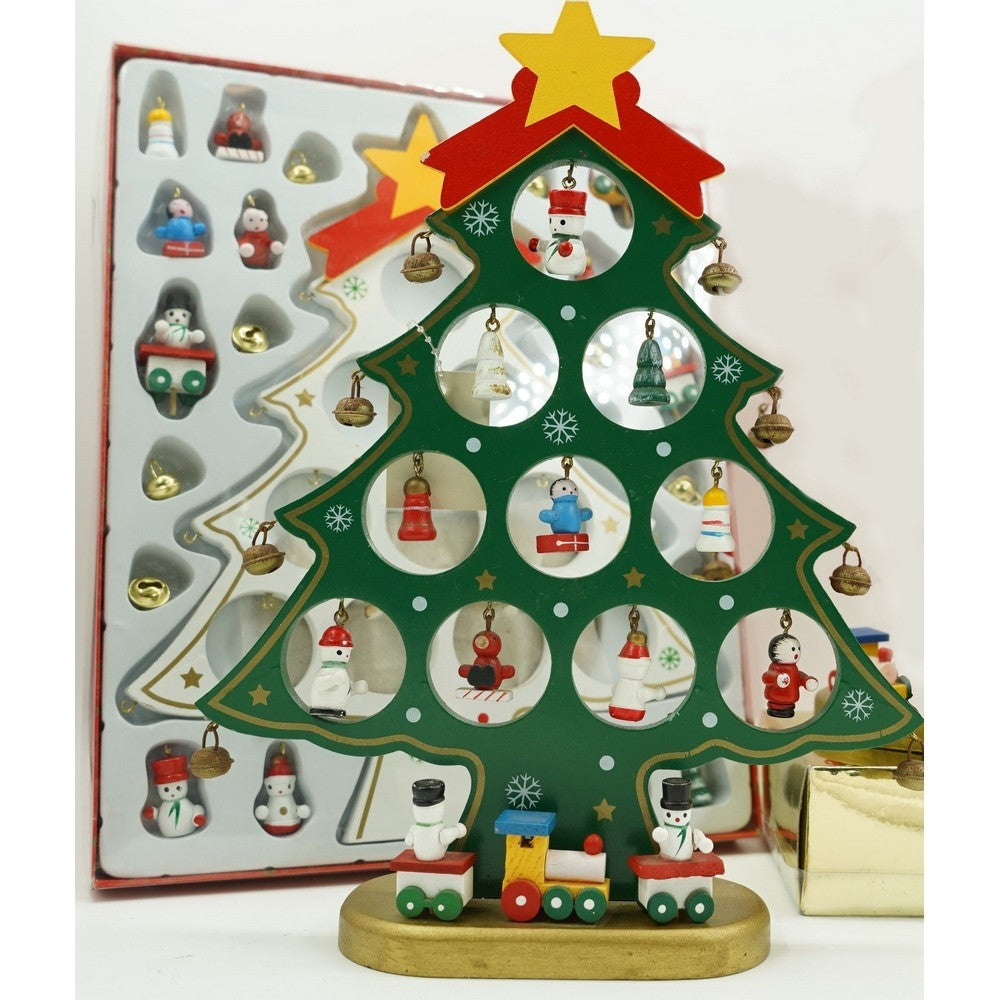 Decoratiune Craciun, Brad, Verde, 10 cavitati cu ornamente, 20.5 cm x 28 cm, Lemn