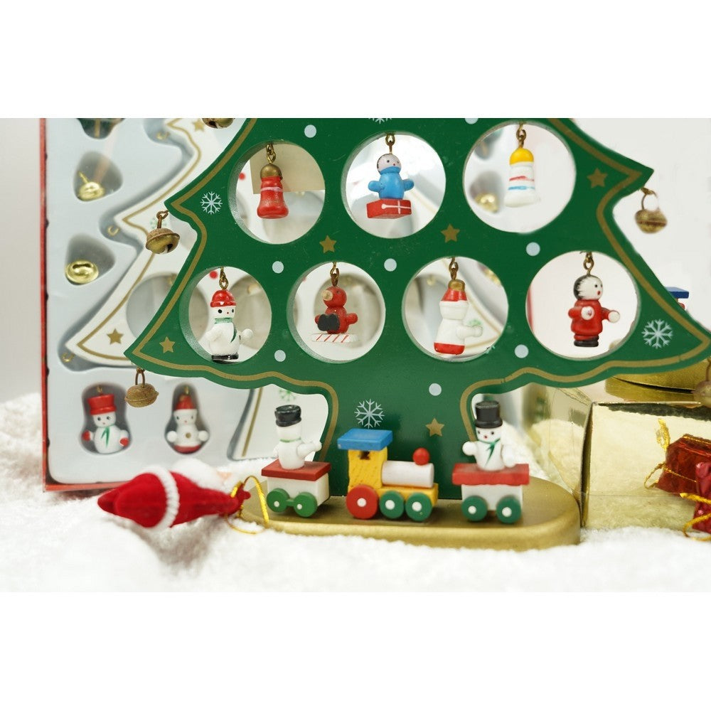 Decoratiune Craciun, Brad, Verde, 10 cavitati cu ornamente, 20.5 cm x 28 cm, Lemn