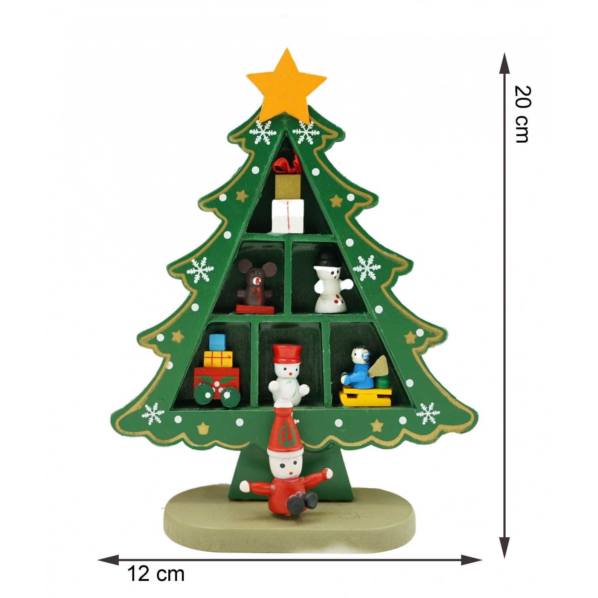 Decoratiune Craciun, Brad, Verde, 3 randuri cu ornamente, 12 cm x 18 cm, Lemn