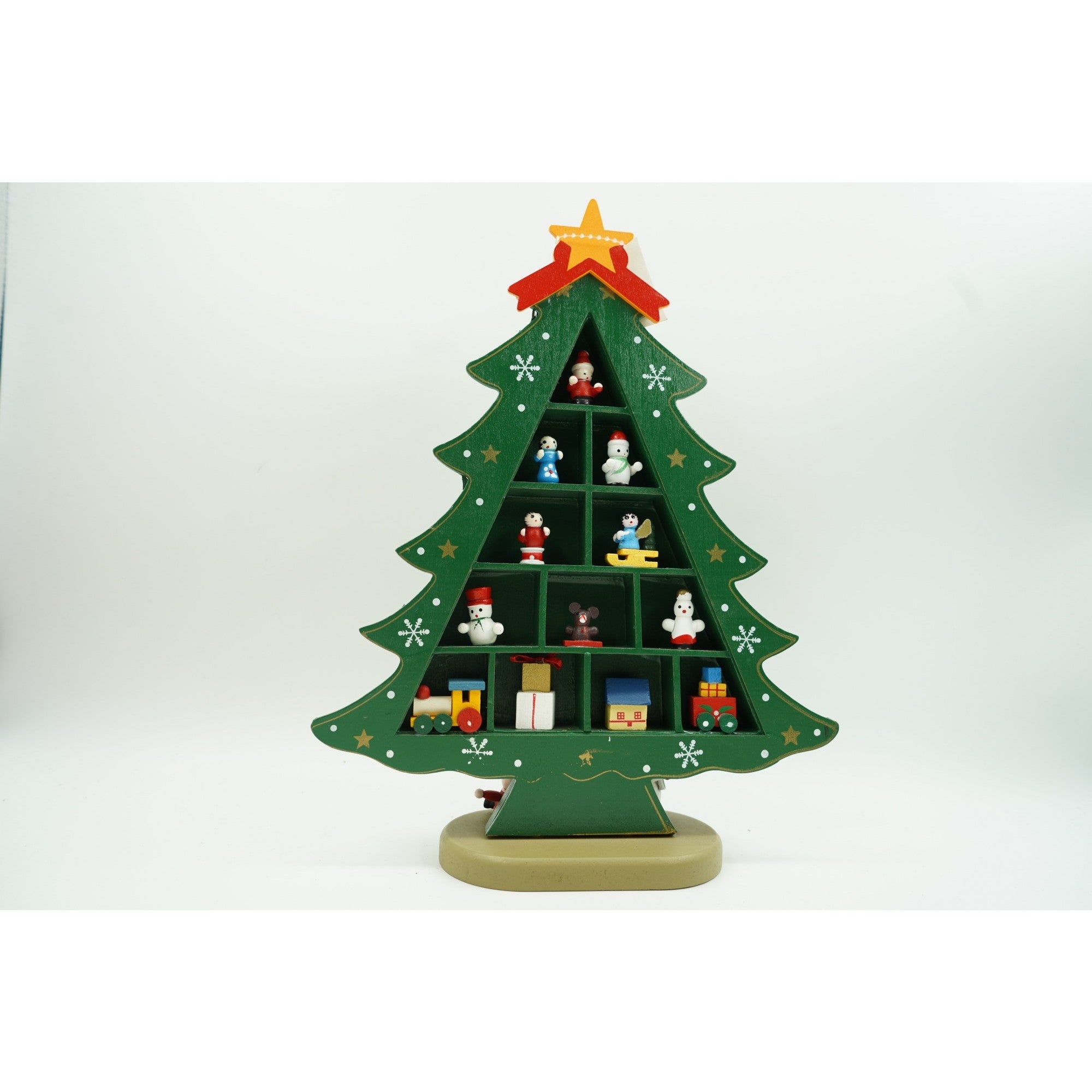 Decoratiune Craciun, Brad, Verde, 5 cavitati cu ornamente, 22 cm x 29 cm, Lemn