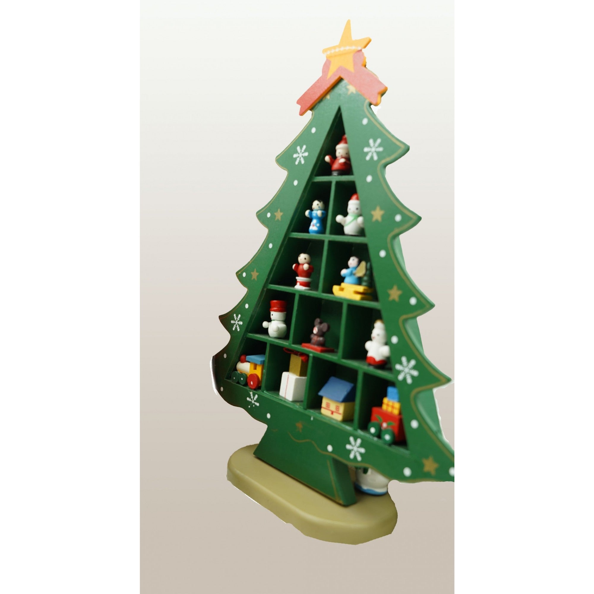 Decoratiune Craciun, Brad, Verde, 5 cavitati cu ornamente, 22 cm x 29 cm, Lemn