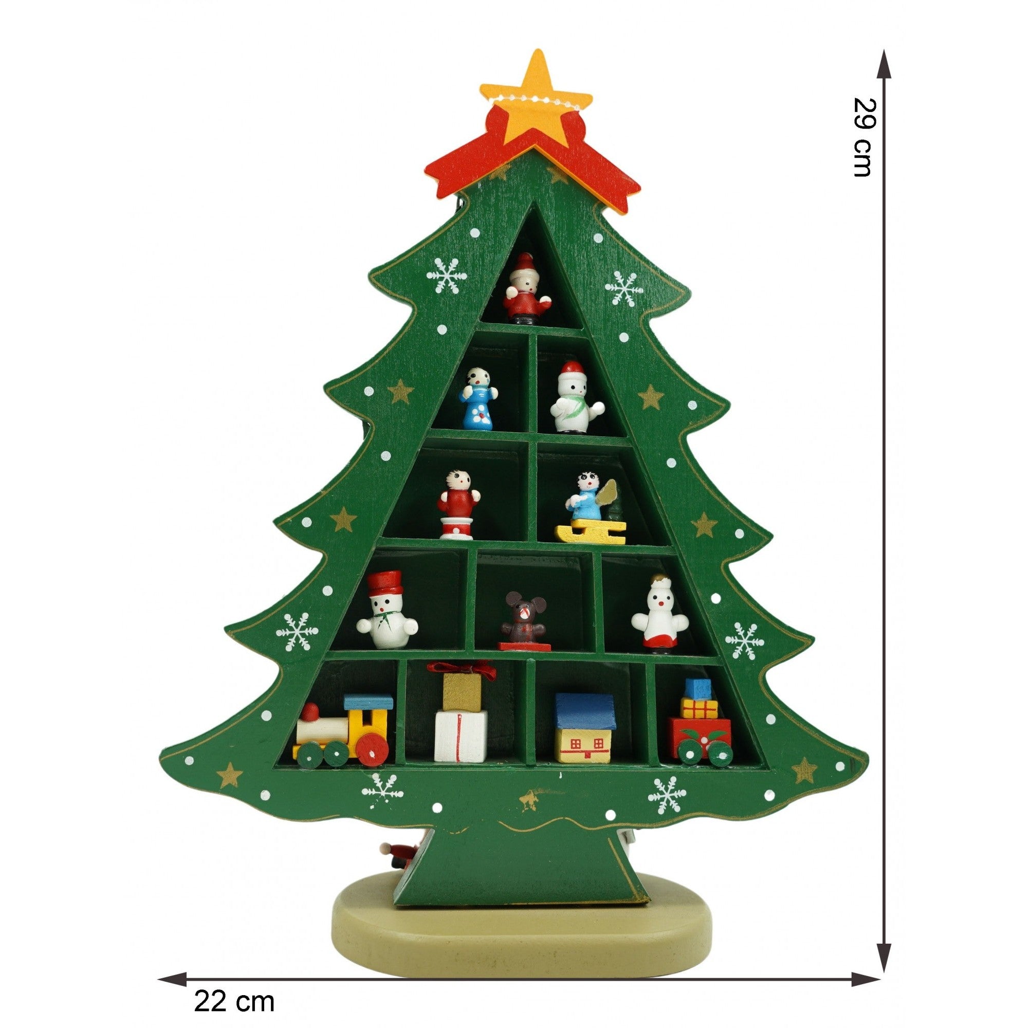 Decoratiune Craciun, Brad, Verde, 5 cavitati cu ornamente, 22 cm x 29 cm, Lemn
