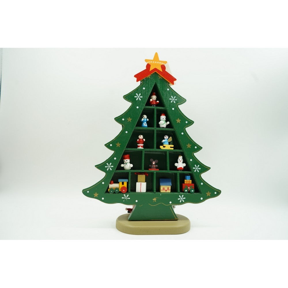 Decoratiune Craciun, Brad, Verde, 5 cavitati cu ornamente, 22 cm x 29 cm, Lemn