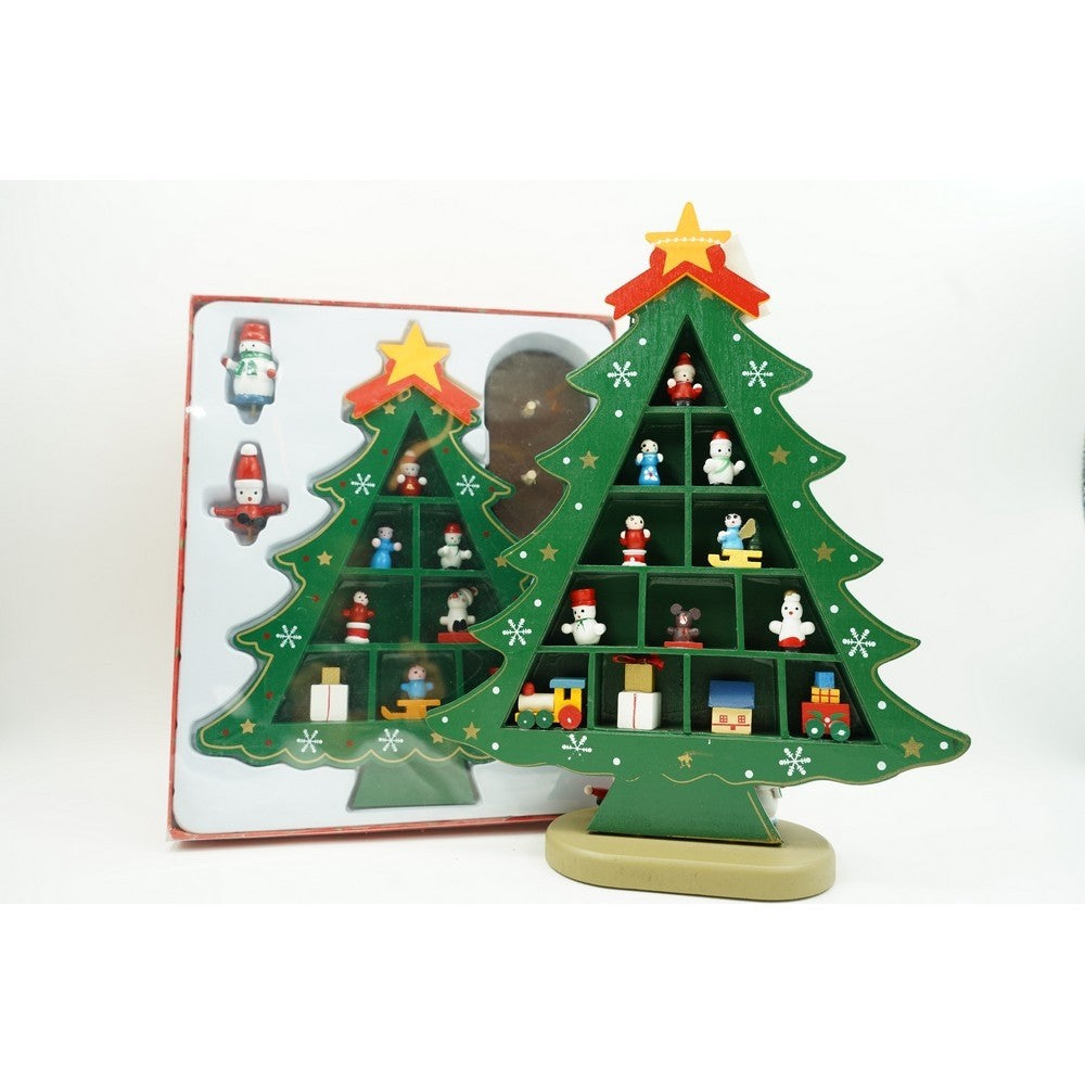 Decoratiune Craciun, Brad, Verde, 5 cavitati cu ornamente, 22 cm x 29 cm, Lemn