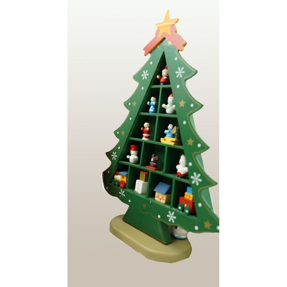 Decoratiune Craciun, Brad, Verde, 5 cavitati cu ornamente, 22 cm x 29 cm, Lemn