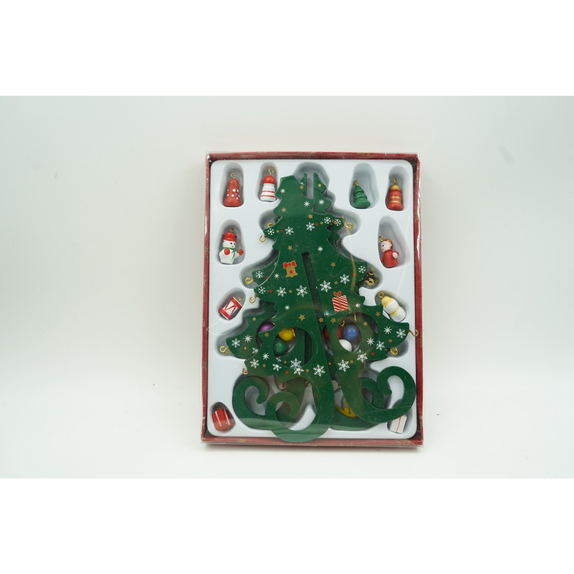 Decoratiune Craciun, Brad, Verde, 6 cavitati cu ornamente, 12 cm x 20 cm, Lemn