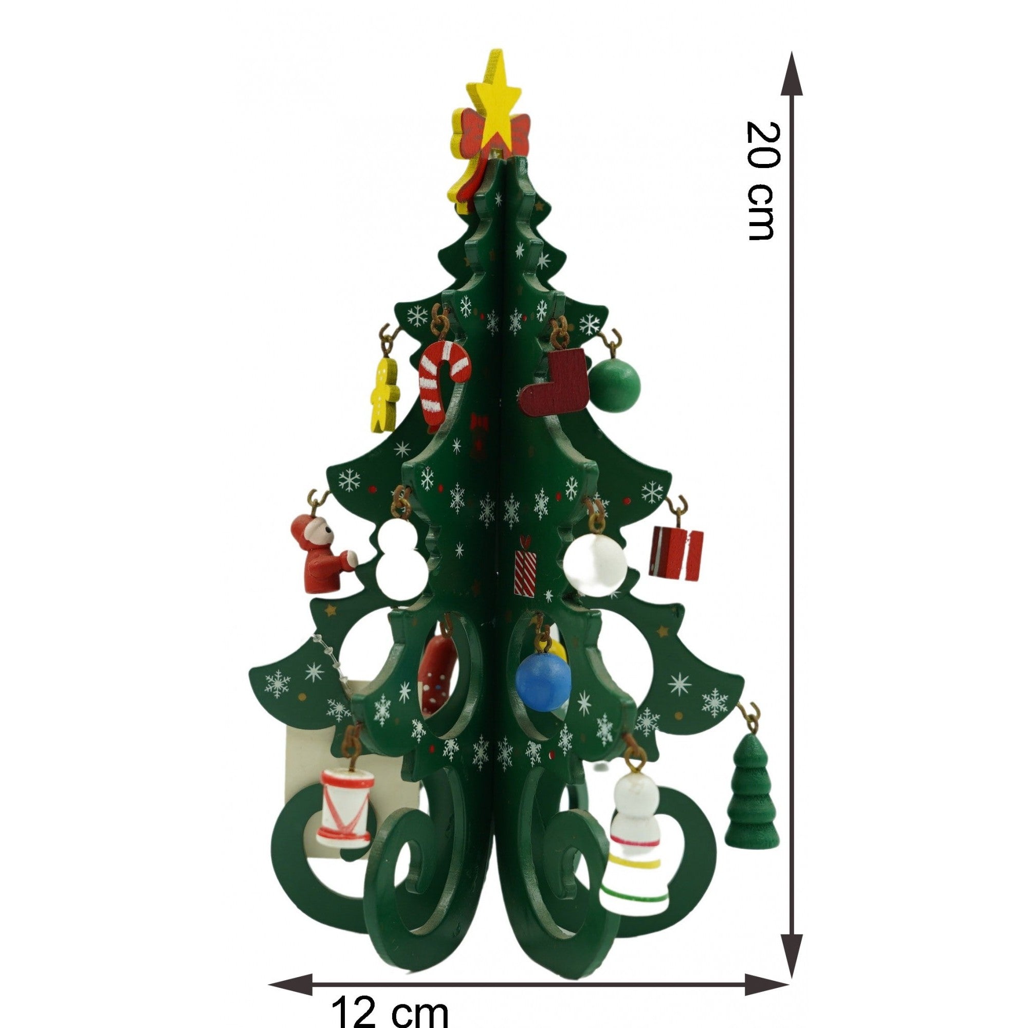 Decoratiune Craciun, Brad, Verde, 6 cavitati cu ornamente, 12 cm x 20 cm, Lemn