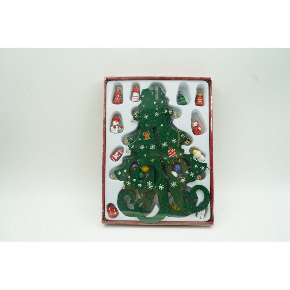 Decoratiune Craciun, Brad, Verde, 6 cavitati cu ornamente, 12 cm x 20 cm, Lemn