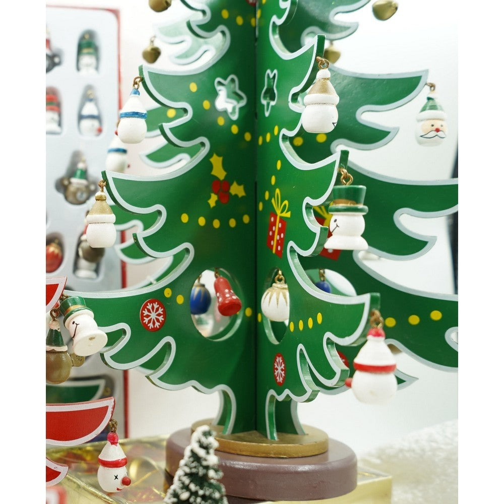 Decoratiune Craciun, Brad, Verde/Alb, 15 cavitati cu ornamente, 25.5 cm x 33 cm, Lemn