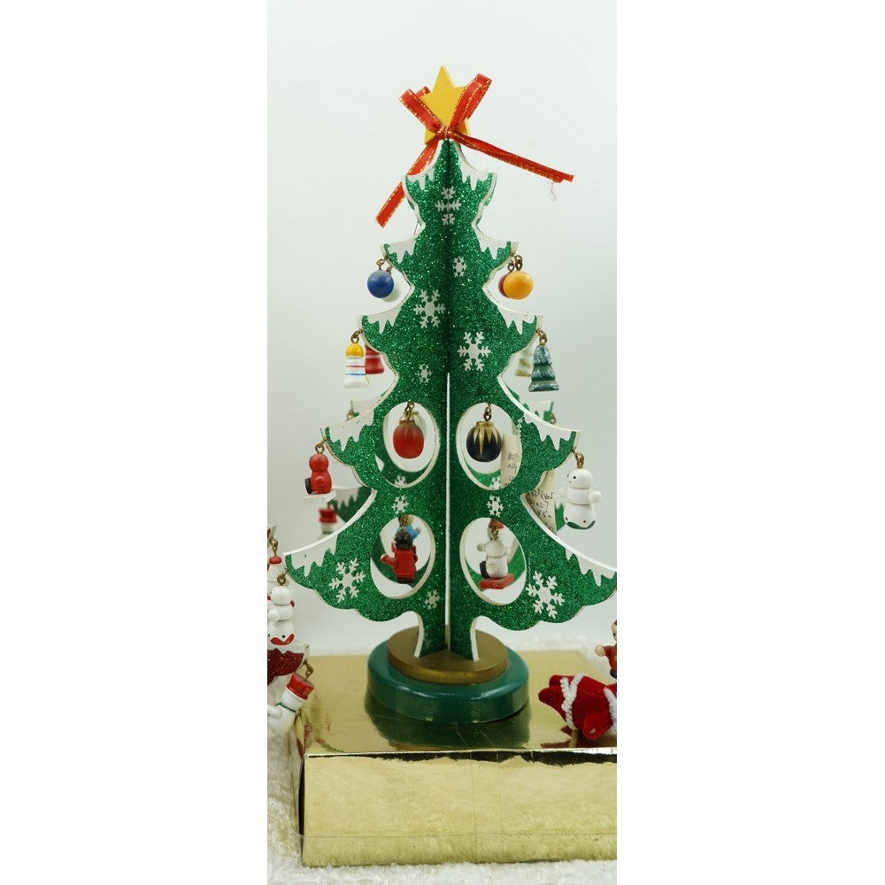 Decoratiune Craciun, Brad, Verde/Alb, 8 cavitati cu ornamente, 18.5 cm x 33 cm, Lemn