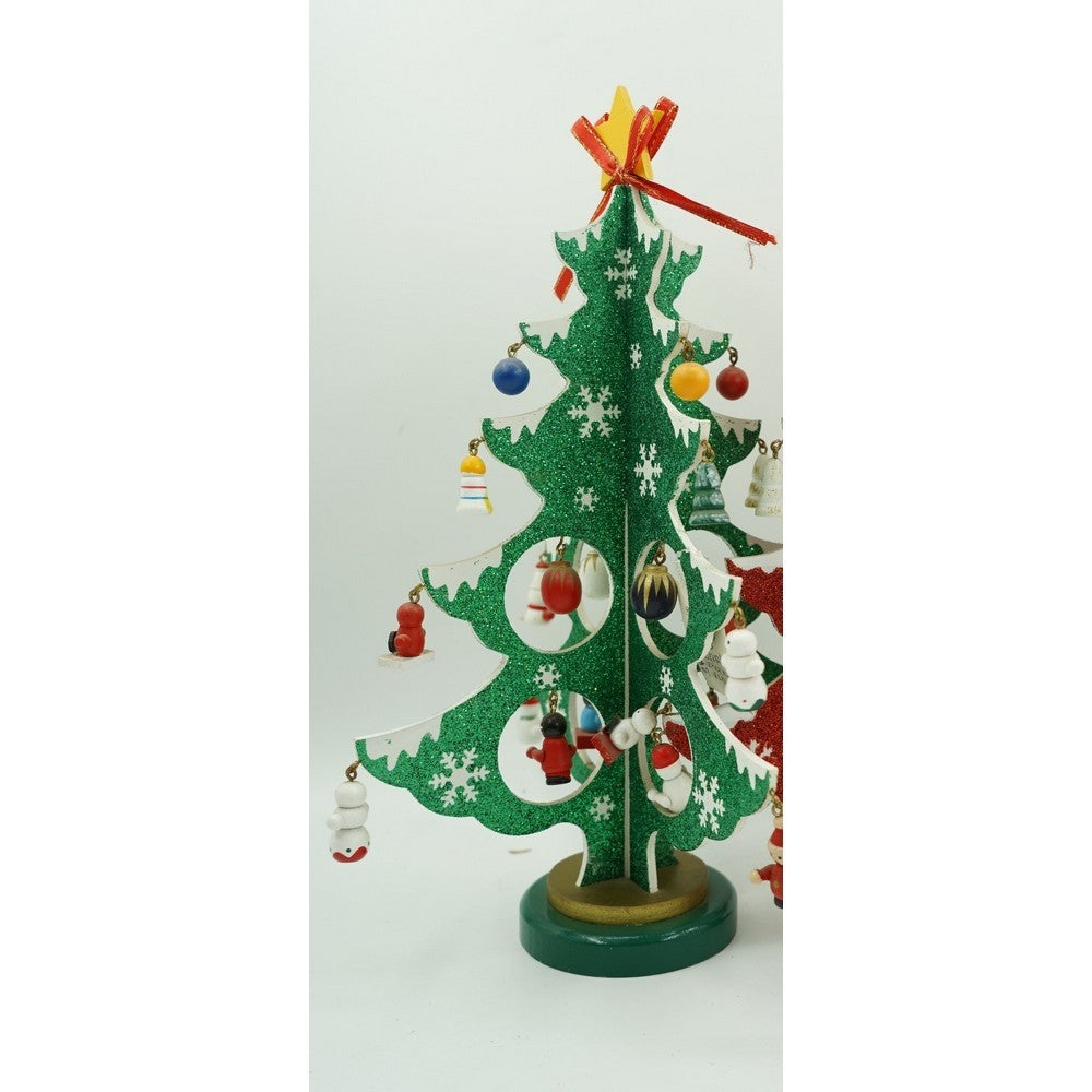 Decoratiune Craciun, Brad, Verde/Alb, 8 cavitati cu ornamente, 18.5 cm x 33 cm, Lemn