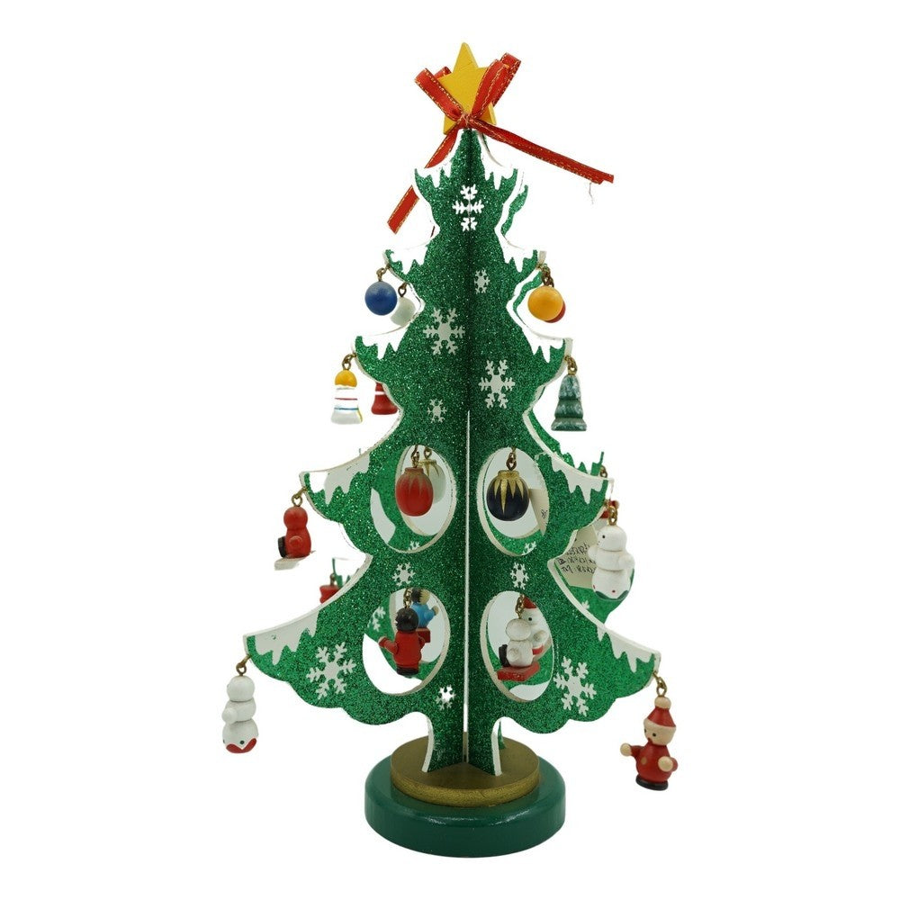 Decoratiune Craciun, Brad, Verde/Alb, 8 cavitati cu ornamente, 18.5 cm x 33 cm, Lemn