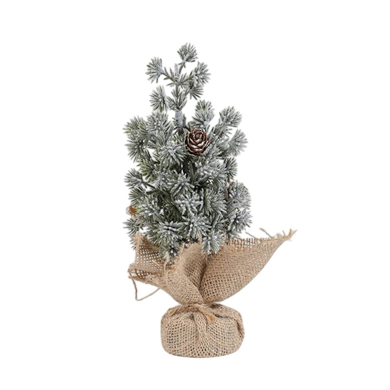 Decoratiune Craciun pentru Masa, Ornament de Decor Model Brad de Craciun de Dimensiuni Mici cu Fulgi Albi, pentru Birou si Interior, din Plastic Calitativ 20 cm, Verde Alb