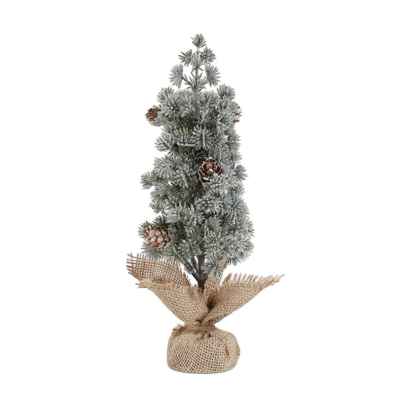 Decoratiune Craciun pentru Masa, Ornament de Decor Model Brad de Craciun de Dimensiuni Mici cu Fulgi Albi, pentru Birou si Interior, din Plastic Calitativ 27 cm, Verde Alb