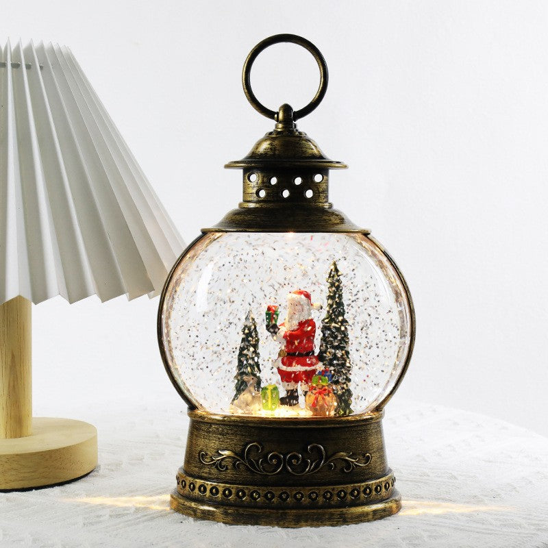 Decoratiune Craciun, Tip Felinar, Figurine Mos Craciun cu Cadouri, 3 Moduri, Functie Muzicala, Zapada in Miscare, Functioneaza Cu Baterii ( 3 x AA neincluse), Cablu USB (Inclus), Model Vintage Negru - Auriu, 13 x 8 x 21 cm, Alb Cald