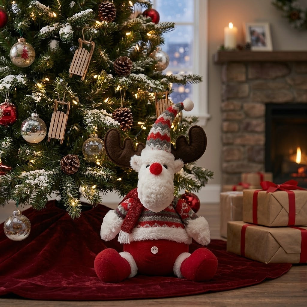 Ren De Plus Festiv, Ren cu Nas Rosu si Pulover, Decoratiune De Craciun, Ornament De Pus Pe Polita Sau Sub Brad, 38 cm, Multicolor
