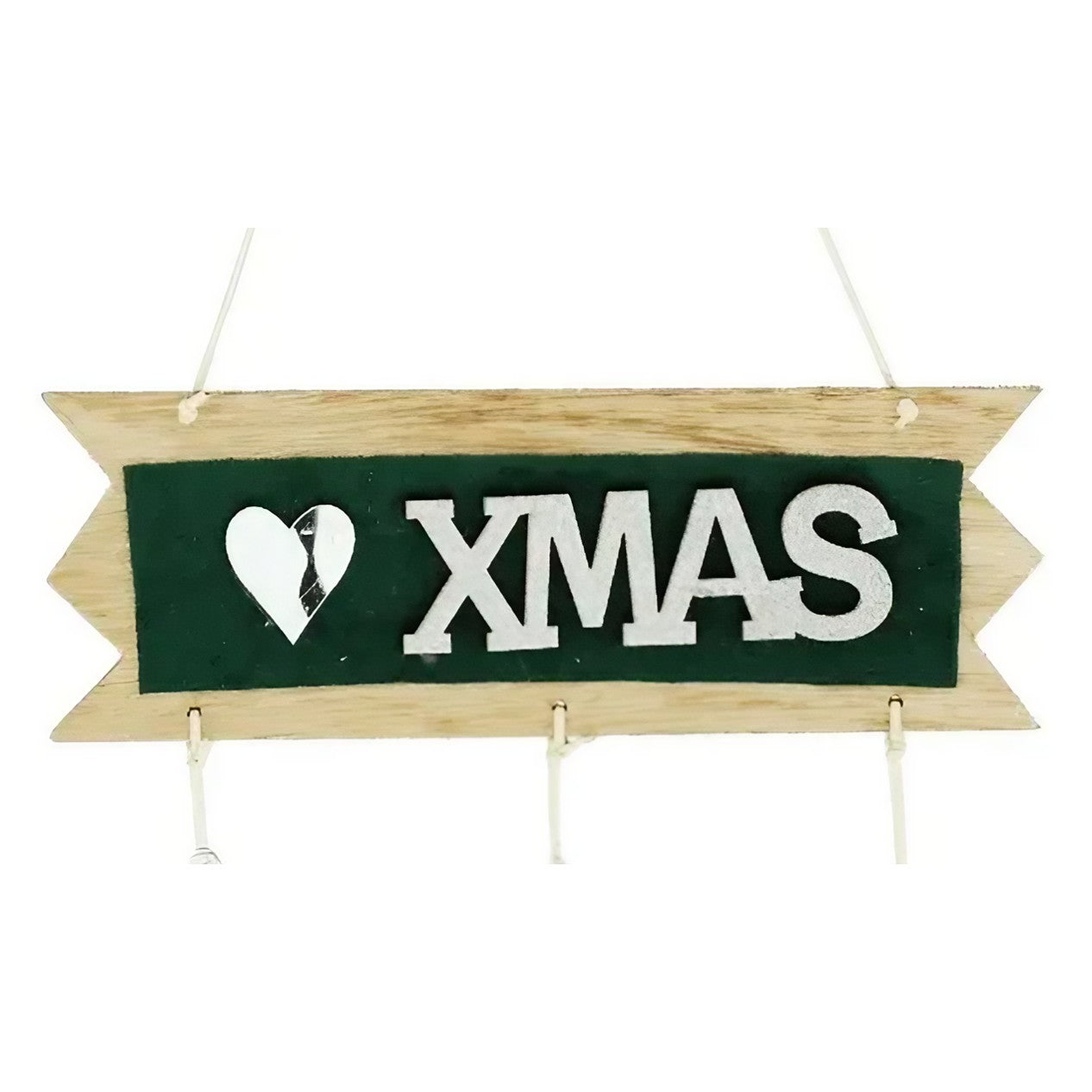 Decoratiune Craciun din Lemn, Model Scris Xmas, Conuri Atarnate, cu Inimioara 25x9 cm, pentru Brad sau Usa, Verde/Argintiu