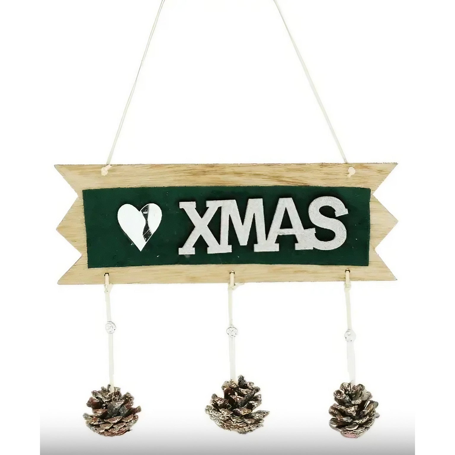 Decoratiune Craciun din Lemn, Model Scris Xmas, Conuri Atarnate, cu Inimioara 25x9 cm, pentru Brad sau Usa, Verde/Argintiu