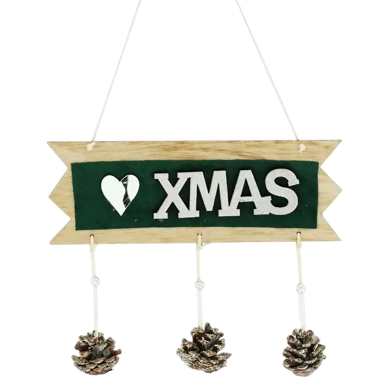Decoratiune Craciun din Lemn, Model Scris Xmas, Conuri Atarnate, cu Inimioara 25x9 cm, pentru Brad sau Usa, Verde/Argintiu
