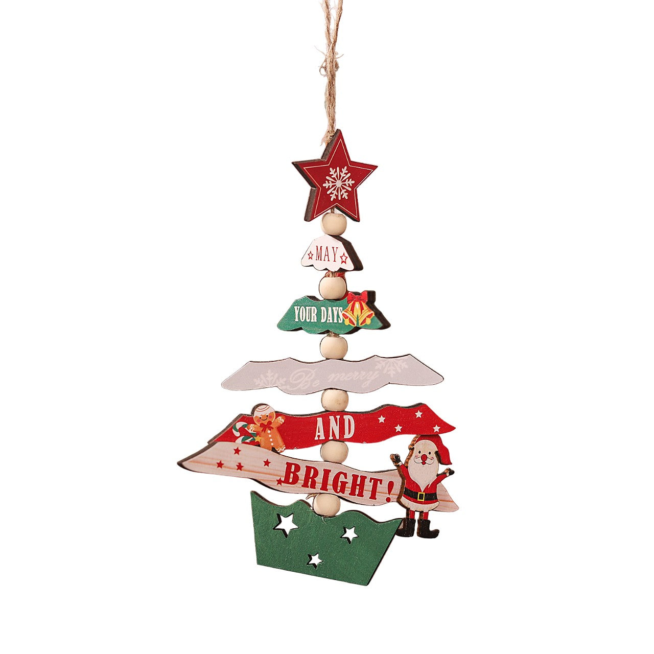 Decoratiune de Craciun din Lemn, cu Snur pentru Agatare in Brad, Model Brad de Craciun, Scris May Your Days Be Merry And Bright, 17x12.8x0.4 cm, Multicolor