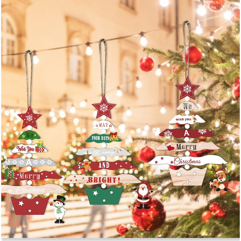 Decoratiune de Craciun din Lemn, cu Snur pentru Agatare in Brad, Model Brad de Craciun si Om de Zapada, Scris We Wish You A Merry Christmas, 17x12.8x0.4 cm, Multicolor