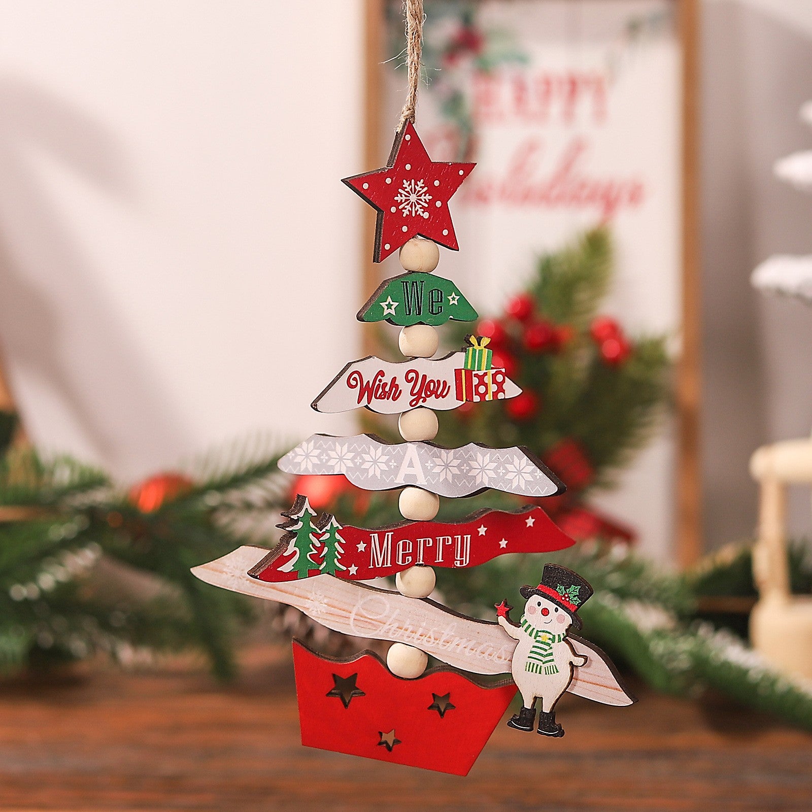 Decoratiune de Craciun din Lemn, cu Snur pentru Agatare in Brad, Model Brad de Craciun si Om de Zapada, Scris We Wish You A Merry Christmas, 17x12.8x0.4 cm, Multicolor