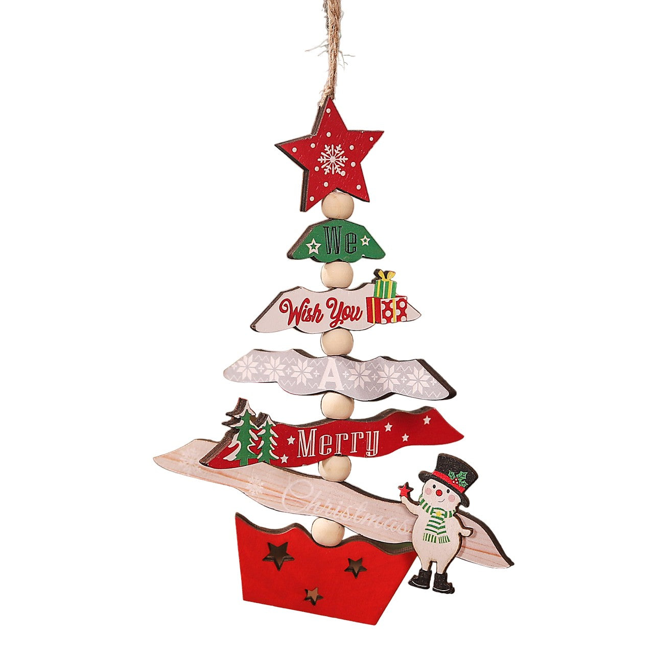 Decoratiune de Craciun din Lemn, cu Snur pentru Agatare in Brad, Model Brad de Craciun si Om de Zapada, Scris We Wish You A Merry Christmas, 17x12.8x0.4 cm, Multicolor