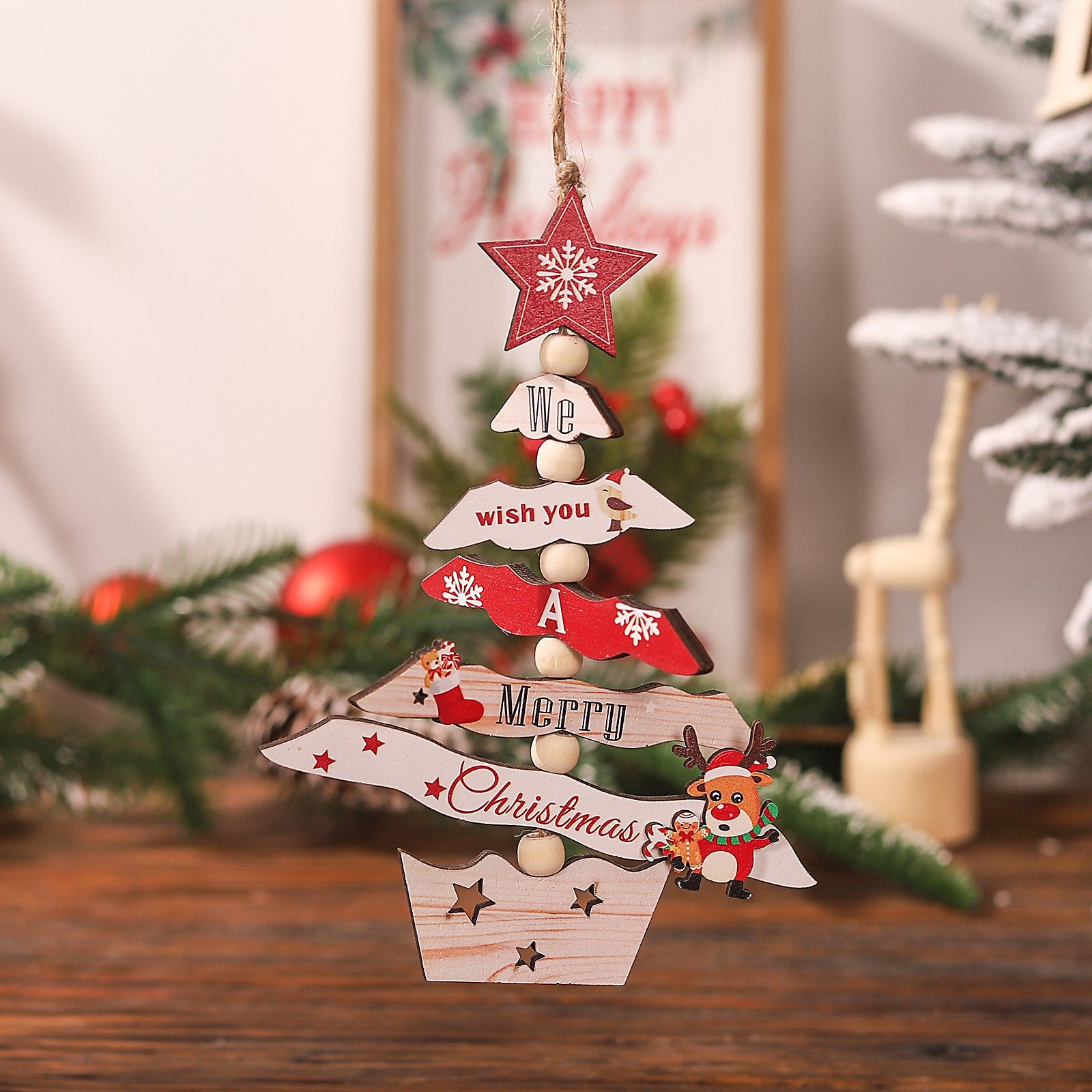 Decoratiune de Craciun din Lemn, cu Snur pentru Agatare in Brad, Model Brad de Craciun si Ren, Scris We Wish You A Merry Christmas, 17x12.8x0.4 cm, Multicolor