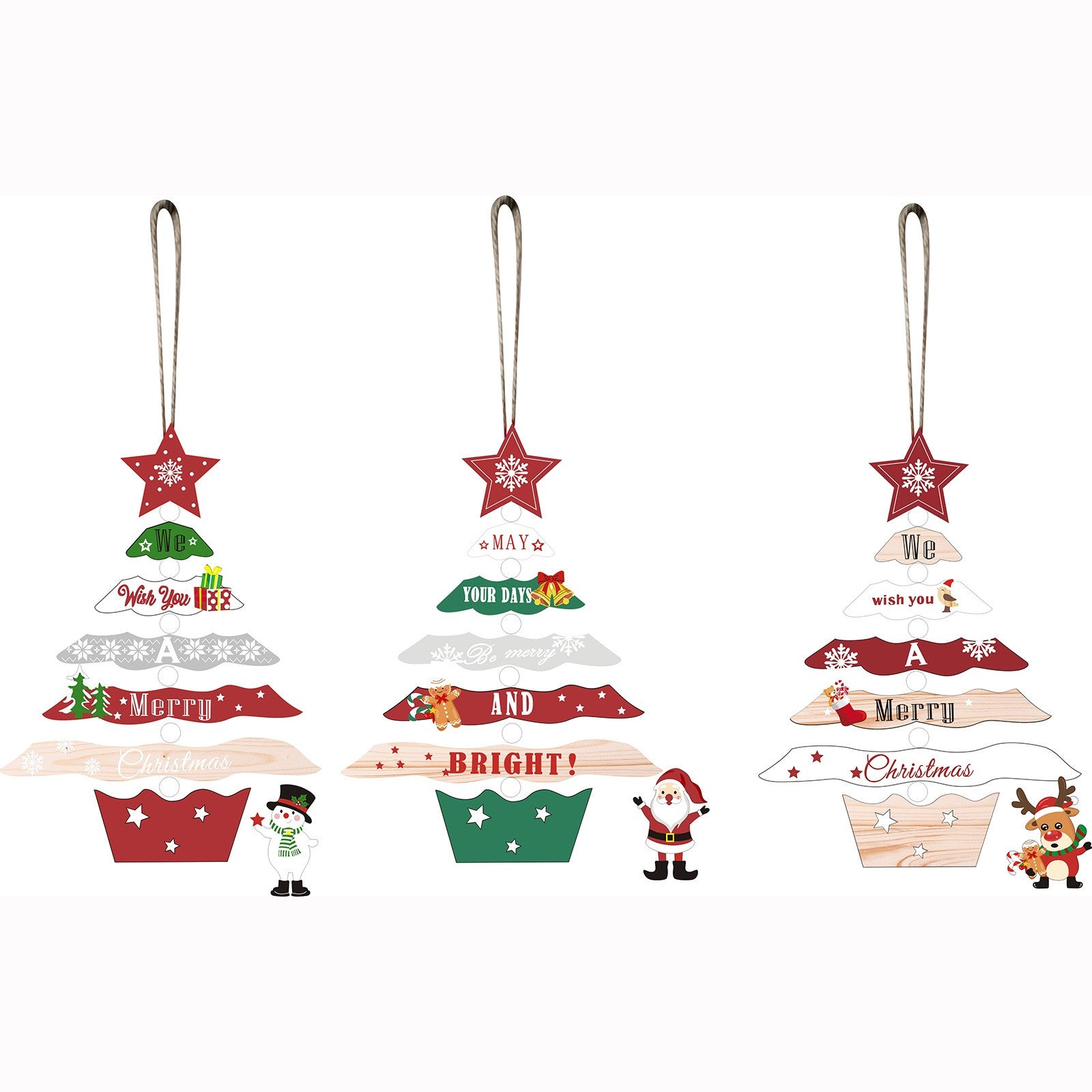 Decoratiune de Craciun din Lemn, cu Snur pentru Agatare in Brad, Model Brad de Craciun si Ren, Scris We Wish You A Merry Christmas, 17x12.8x0.4 cm, Multicolor