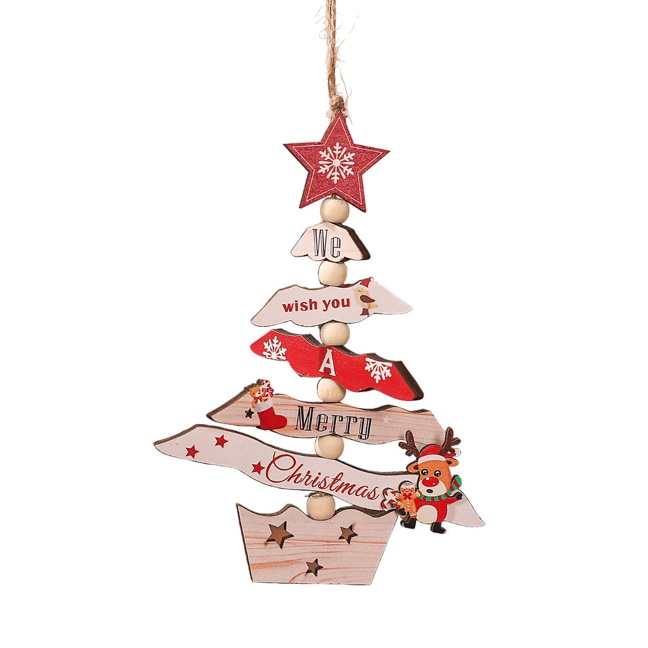 Decoratiune de Craciun din Lemn, cu Snur pentru Agatare in Brad, Model Brad de Craciun si Ren, Scris We Wish You A Merry Christmas, 17x12.8x0.4 cm, Multicolor
