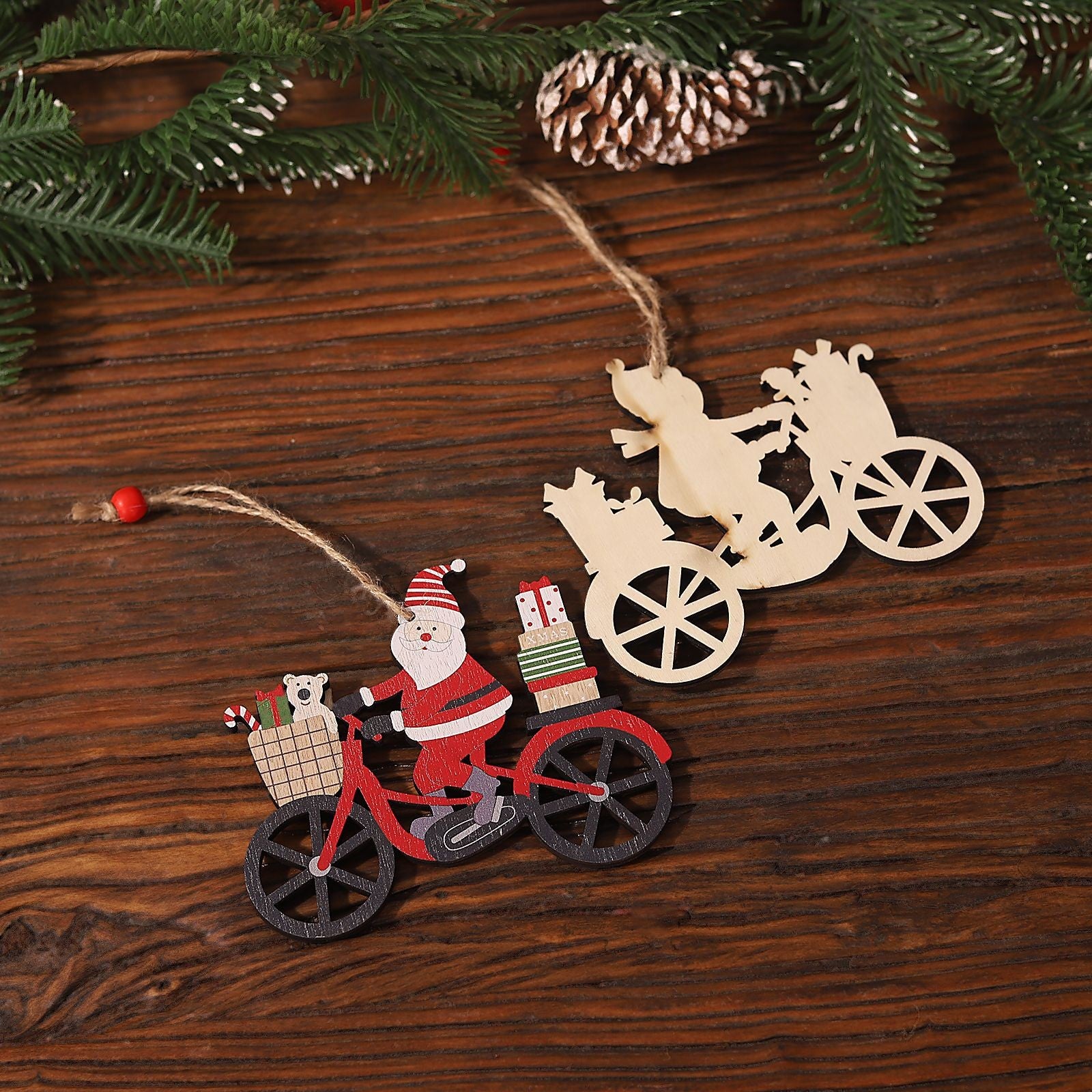 Decoratiune de Craciun din Lemn, cu Snur pentru Agatare in Brad, Model Mos Craciun pe Bicicleta, 10.3x11.5x0.5 cm, Multicolor