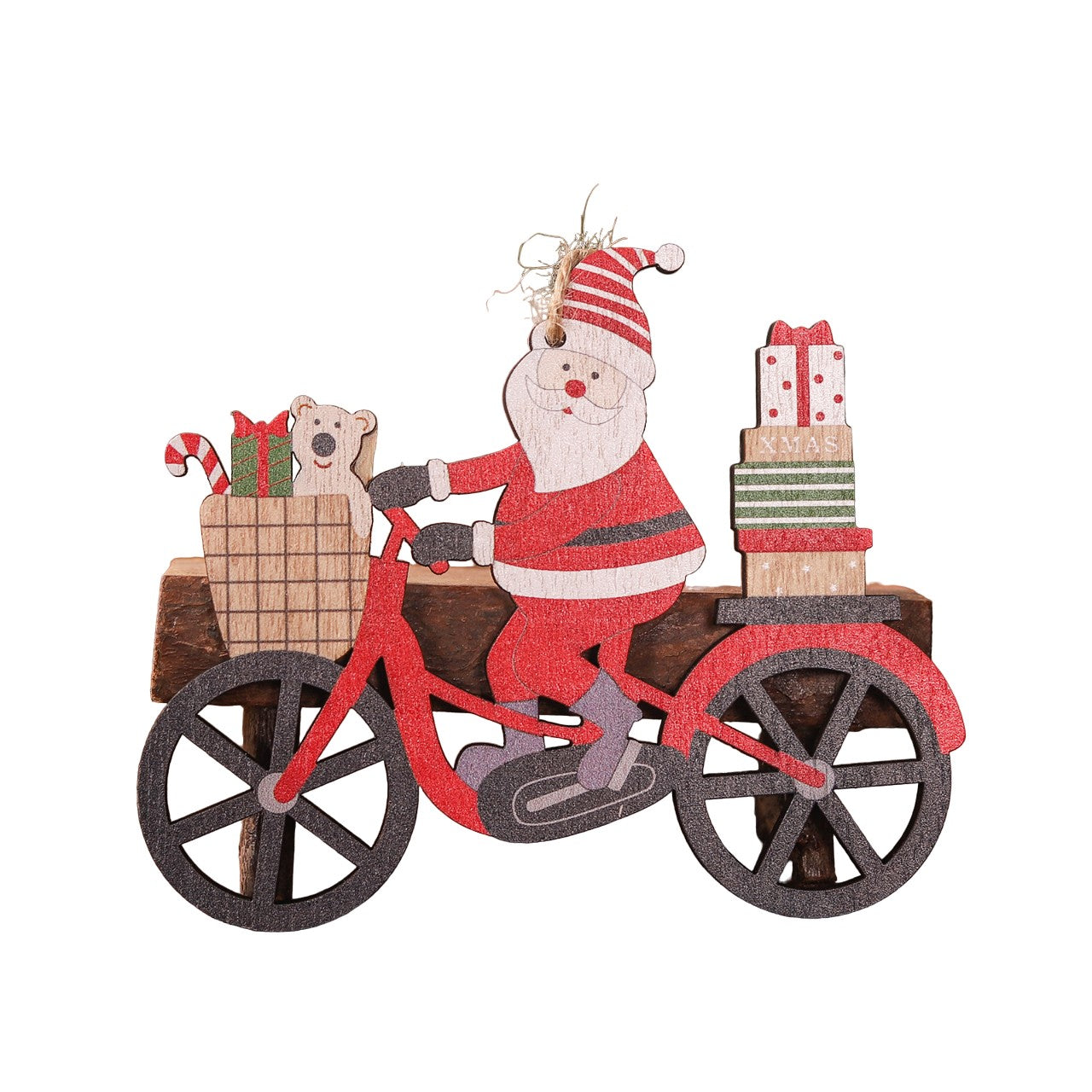 Decoratiune de Craciun din Lemn, cu Snur pentru Agatare in Brad, Model Mos Craciun pe Bicicleta, 10.3x11.5x0.5 cm, Multicolor