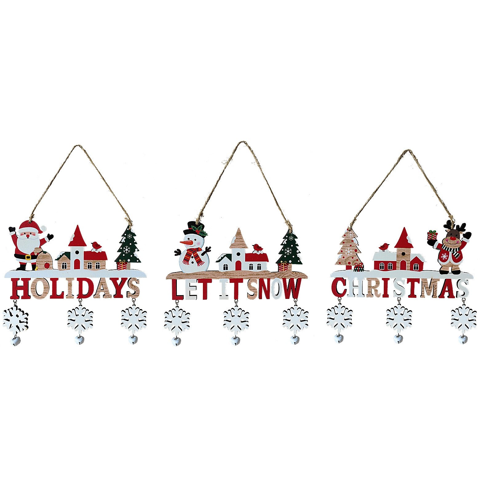 Decoratiune de Craciun din Lemn, cu Snur pentru Agatare in Brad, Model Mos Craciun, Scris Let It Snow, 21.9x19 cm, Multicolor