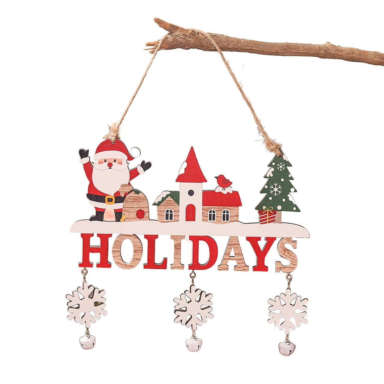Decoratiune de Craciun din Lemn, cu Snur pentru Agatare in Brad, Model Mos Craciun, Scris Let It Snow, 21.9x19 cm, Multicolor